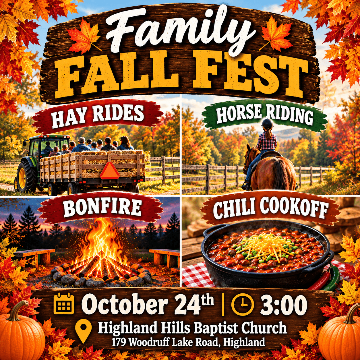 Family Fall Fest flyer with hay rides, horse riding, bonfire, and chili cookoff